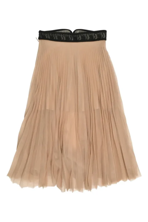 Blush semi-sheer polyester tulle pull-on high-rise plissé skirt with contrasting lace waistband