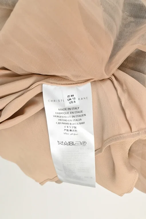 Blush semi-sheer polyester tulle pull-on high-rise plissé skirt with contrasting lace waistband