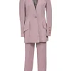 Blush silk-blend floral brocade two-piece suit set featuring stand collar button-front tailored jacket and tapered leg trousers