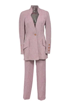 Blush silk-blend floral brocade two-piece suit set featuring stand collar button-front tailored jacket and tapered leg trousers