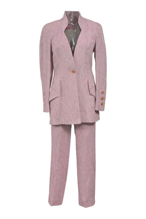 Blush silk-blend floral brocade two-piece suit set featuring stand collar button-front tailored jacket and tapered leg trousers