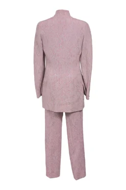 Blush silk-blend floral brocade two-piece suit set featuring stand collar button-front tailored jacket and tapered leg trousers