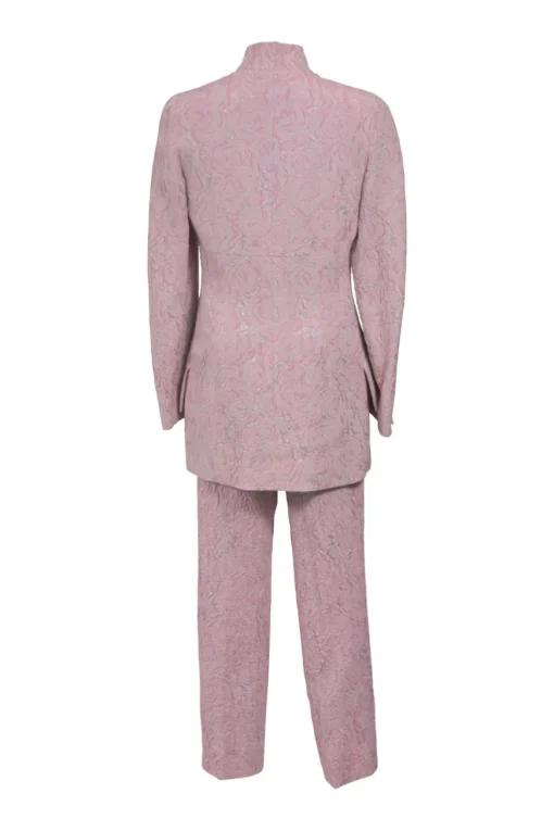 Blush silk-blend floral brocade two-piece suit set featuring stand collar button-front tailored jacket and tapered leg trousers