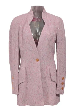 Blush silk-blend floral brocade two-piece suit set featuring stand collar button-front tailored jacket and tapered leg trousers