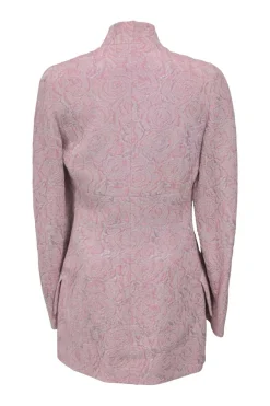 Blush silk-blend floral brocade two-piece suit set featuring stand collar button-front tailored jacket and tapered leg trousers