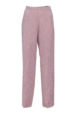 Blush silk-blend floral brocade two-piece suit set featuring stand collar button-front tailored jacket and tapered leg trousers