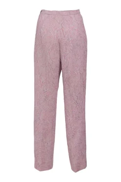 Blush silk-blend floral brocade two-piece suit set featuring stand collar button-front tailored jacket and tapered leg trousers