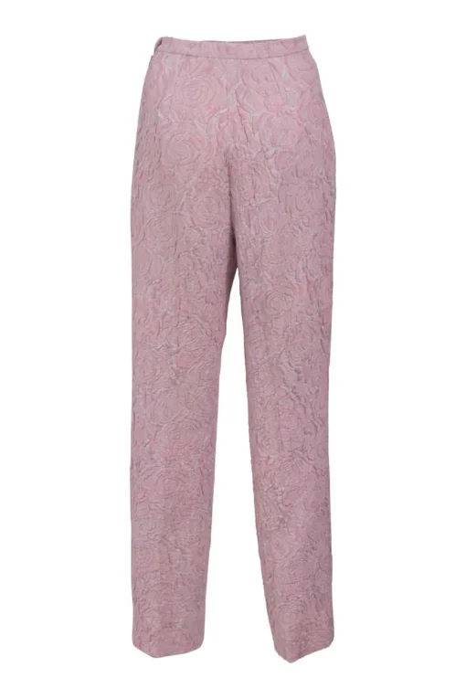 Blush silk-blend floral brocade two-piece suit set featuring stand collar button-front tailored jacket and tapered leg trousers