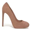 Blush suede round-toe platform pumps