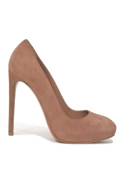 Blush suede round-toe platform pumps