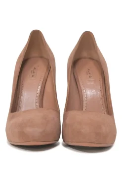 Blush suede round-toe platform pumps