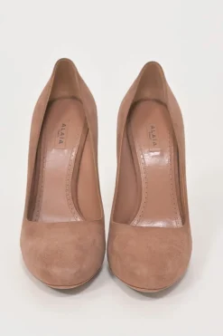 Blush suede round-toe platform pumps