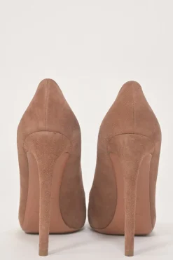 Blush suede round-toe platform pumps