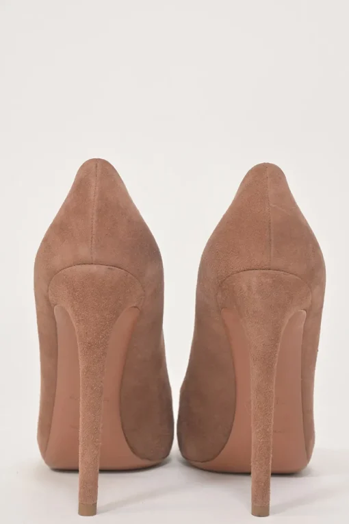 Blush suede round-toe platform pumps