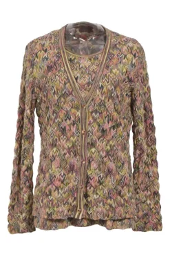 Blush wool-blend abstract knit twin set featuring crewneck tank top and button-front cardigan