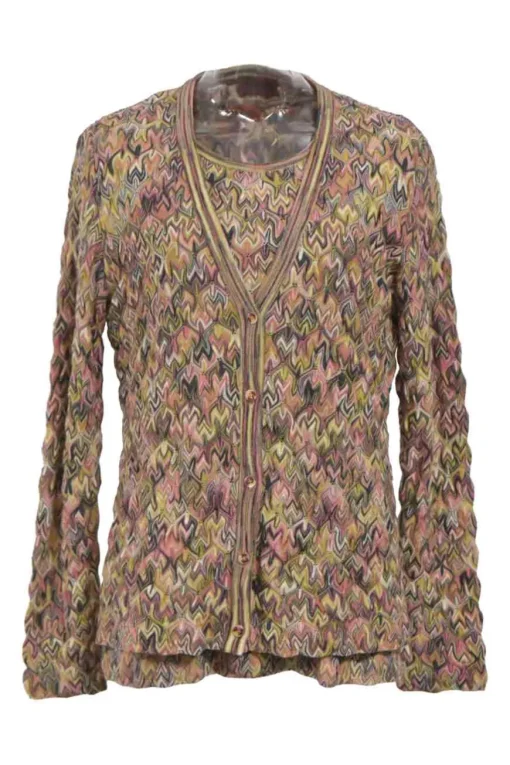 Blush wool-blend abstract knit twin set featuring crewneck tank top and button-front cardigan