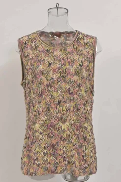 Blush wool-blend abstract knit twin set featuring crewneck tank top and button-front cardigan