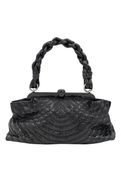 Bottega Veneta soft top handle bag in black python leather, stitching details and with a woven single handle