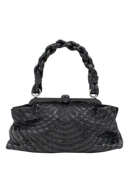 Bottega Veneta soft top handle bag in black python leather, stitching details and with a woven single handle