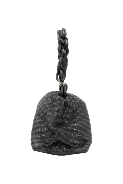 Bottega Veneta soft top handle bag in black python leather, stitching details and with a woven single handle