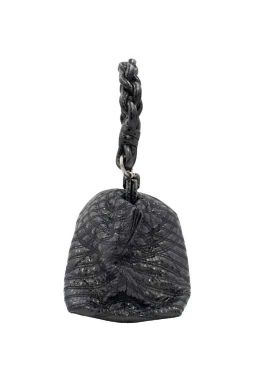 Bottega Veneta soft top handle bag in black python leather, stitching details and with a woven single handle