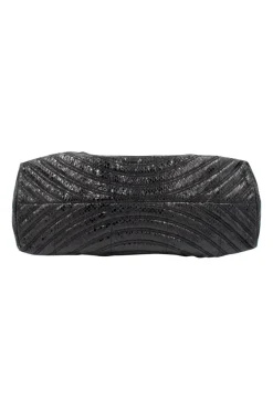Bottega Veneta soft top handle bag in black python leather, stitching details and with a woven single handle