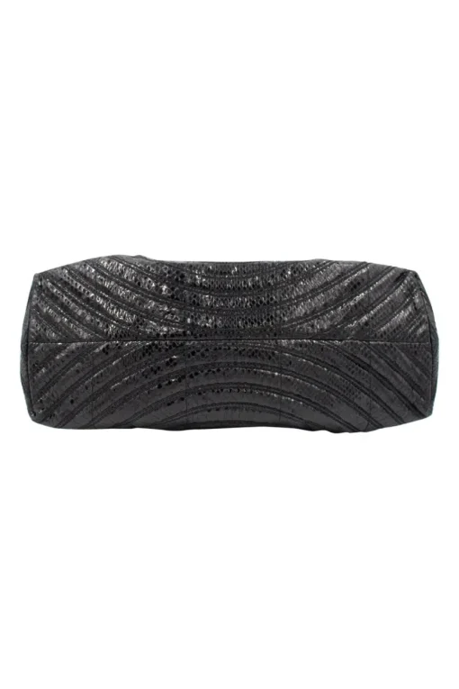 Bottega Veneta soft top handle bag in black python leather, stitching details and with a woven single handle
