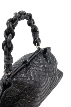 Bottega Veneta soft top handle bag in black python leather, stitching details and with a woven single handle