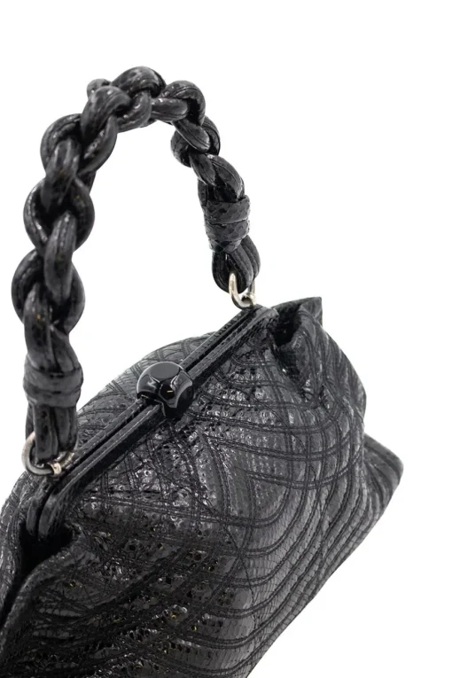 Bottega Veneta soft top handle bag in black python leather, stitching details and with a woven single handle