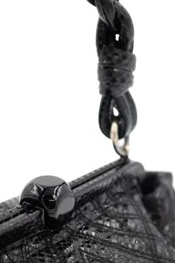 Bottega Veneta soft top handle bag in black python leather, stitching details and with a woven single handle