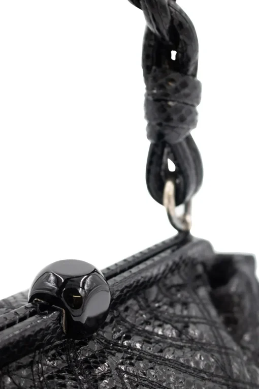 Bottega Veneta soft top handle bag in black python leather, stitching details and with a woven single handle