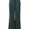 Bottleneck green silk satin Tuck pleat-front high-rise palazzo pants with self buckle belt