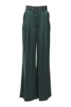 Bottleneck green silk satin Tuck pleat-front high-rise palazzo pants with self buckle belt