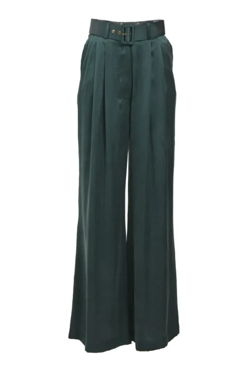 Bottleneck green silk satin Tuck pleat-front high-rise palazzo pants with self buckle belt