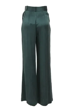 Bottleneck green silk satin Tuck pleat-front high-rise palazzo pants with self buckle belt