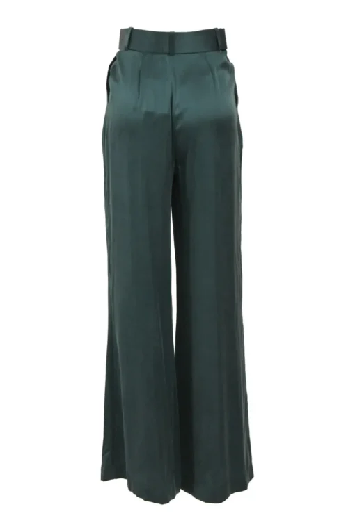 Bottleneck green silk satin Tuck pleat-front high-rise palazzo pants with self buckle belt