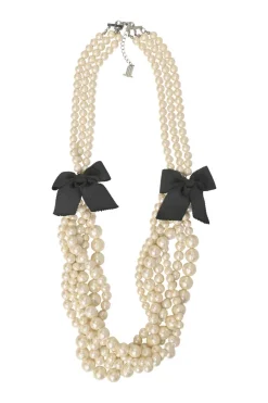 Bow-embellished resin multi-strand faux pearl necklace with lobster clasp closure