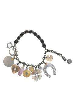 Brass and grosgrain ribbon mixed-metal lucky charm double-strand bracelet with spring clasp closure