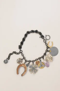 Brass and grosgrain ribbon mixed-metal lucky charm double-strand bracelet with spring clasp closure