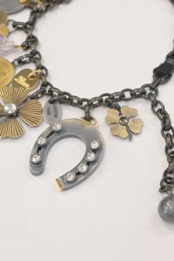 Brass and grosgrain ribbon mixed-metal lucky charm double-strand bracelet with spring clasp closure