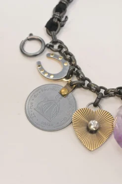 Brass and grosgrain ribbon mixed-metal lucky charm double-strand bracelet with spring clasp closure