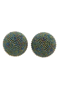 Brass and oil spill seed-beaded dome clip-on earrings