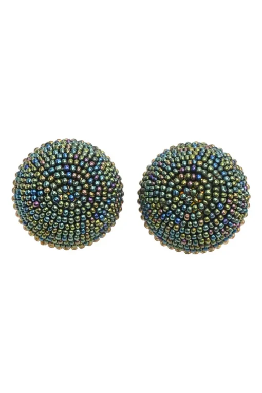 Brass and oil spill seed-beaded dome clip-on earrings