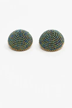 Brass and oil spill seed-beaded dome clip-on earrings