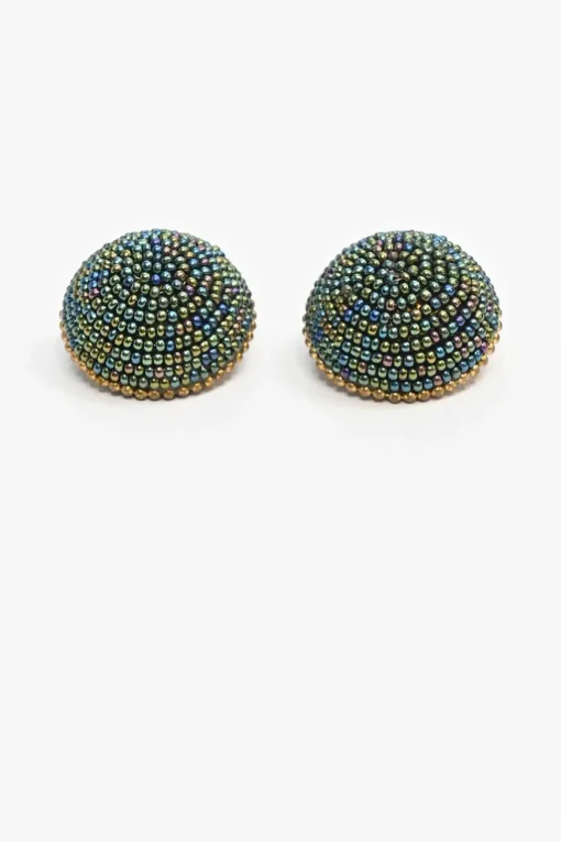 Brass and oil spill seed-beaded dome clip-on earrings