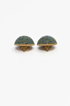 Brass and oil spill seed-beaded dome clip-on earrings