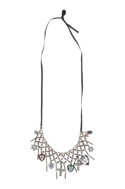Brass charm festoon ribbon-tie necklace