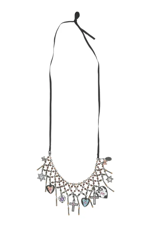 Brass charm festoon ribbon-tie necklace