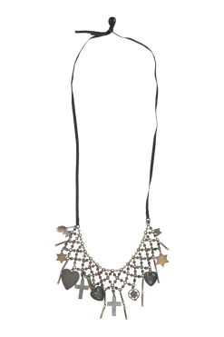 Brass charm festoon ribbon-tie necklace
