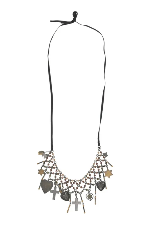 Brass charm festoon ribbon-tie necklace